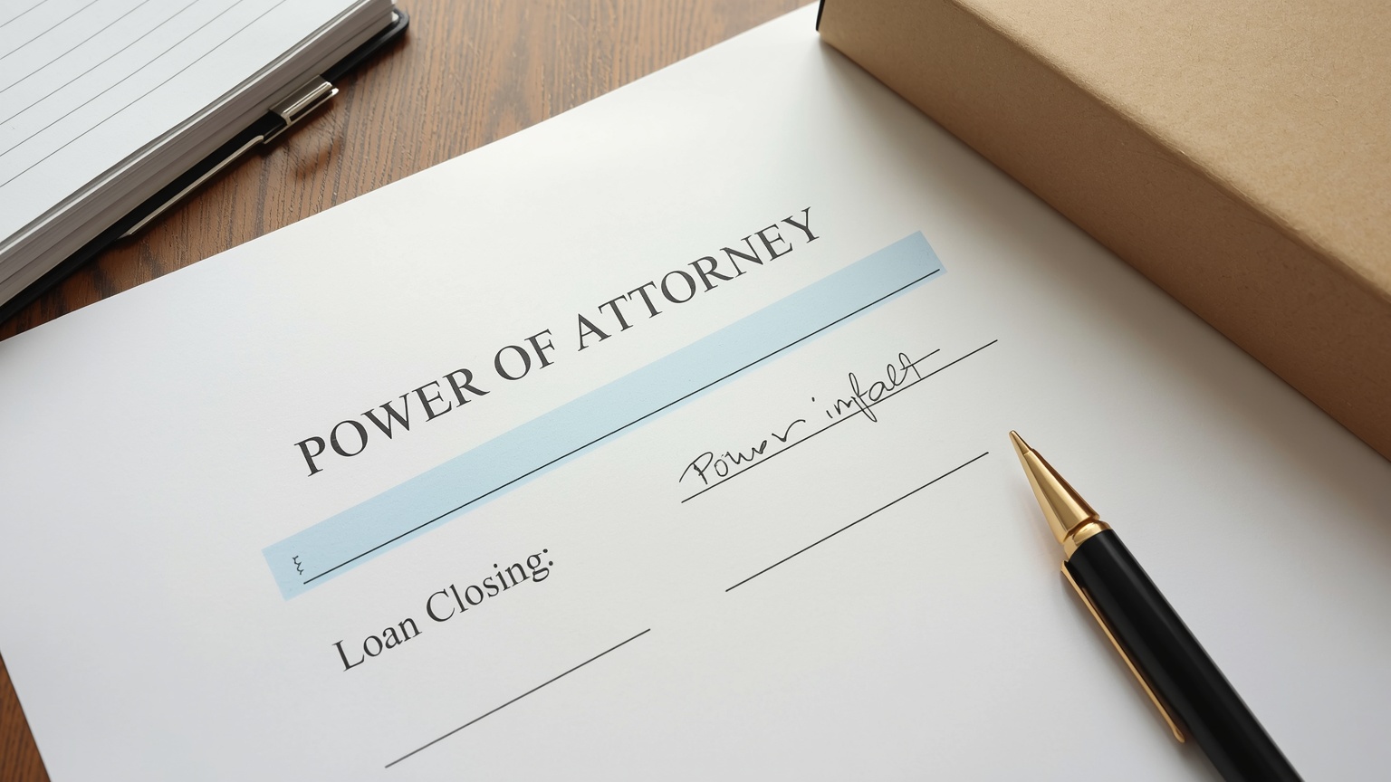 A power of attorney instrument and a loan closing package spread on a notary's table the