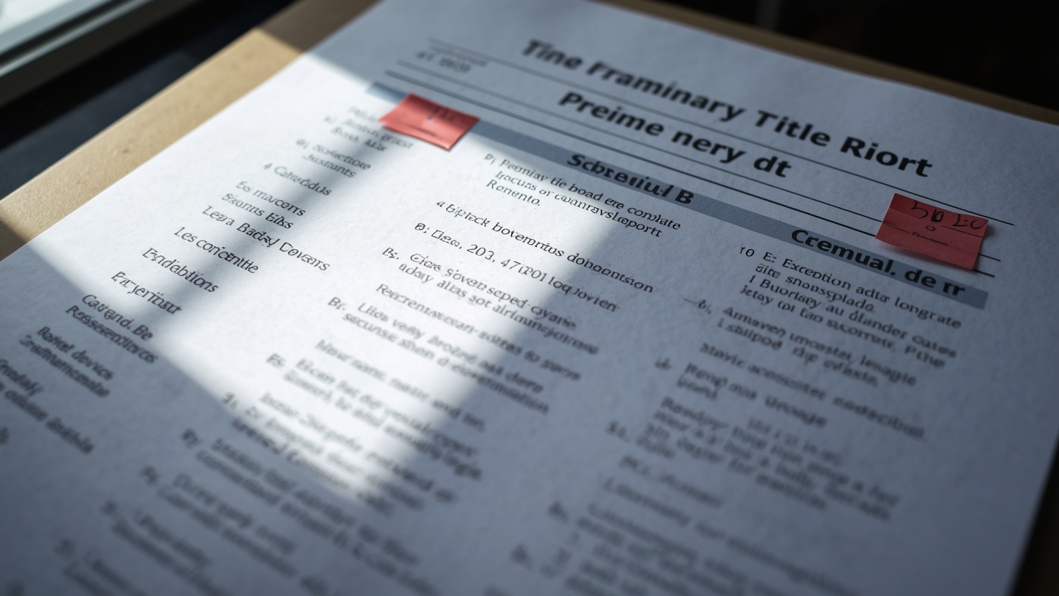 A preliminary title report spread on a desk Schedule B exceptions flagged with red tabs