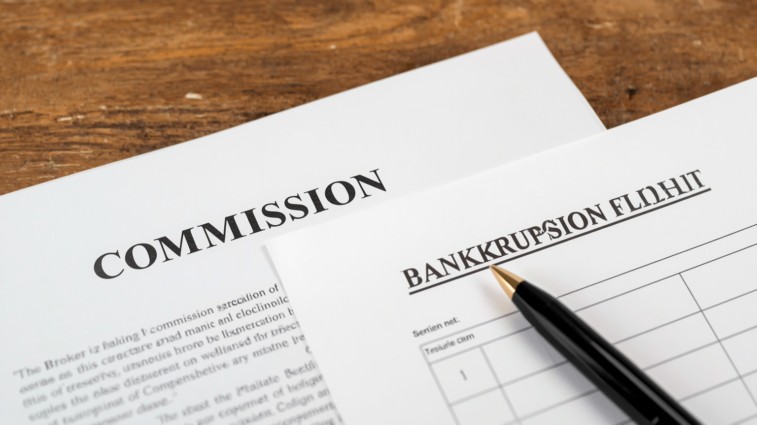 A broker commission agreement and a bankruptcy filing side by side on a desk the commission