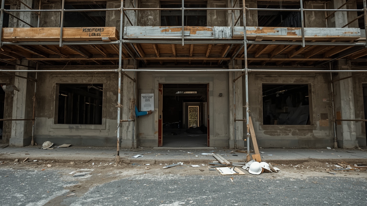 A distressed commercial construction site at mid-morning scaffolding intact but idle