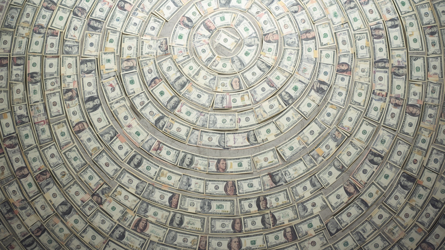 100 individual investor certificates fanned out across a wide surface in concentric arcs