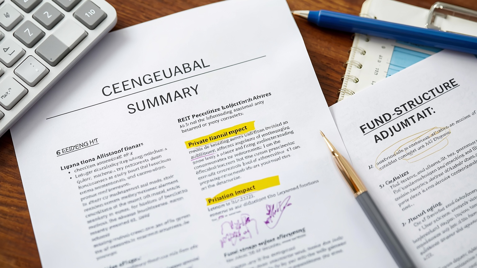 A congressional bill summary spread on a legislative affairs desk REIT-relevant provisions