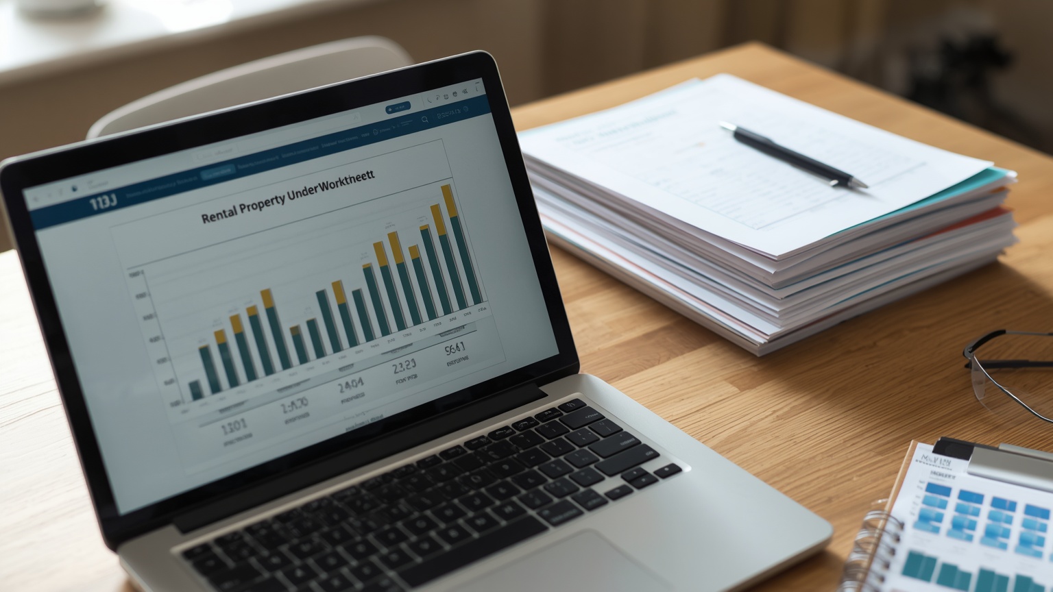 A rental property underwriting model open on a laptop beside a stack of DSCR worksheets and a local