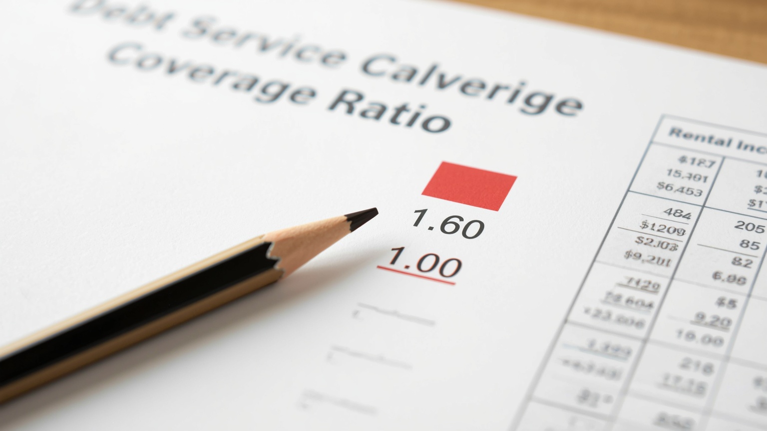 A debt service coverage ratio worksheet mid-calculation a pencil resting on a row where the