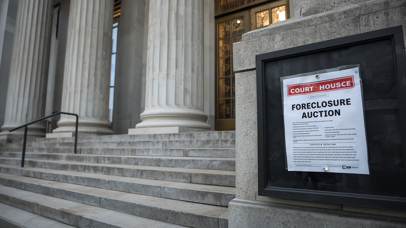 A California courthouse exterior at early morning stone steps empty