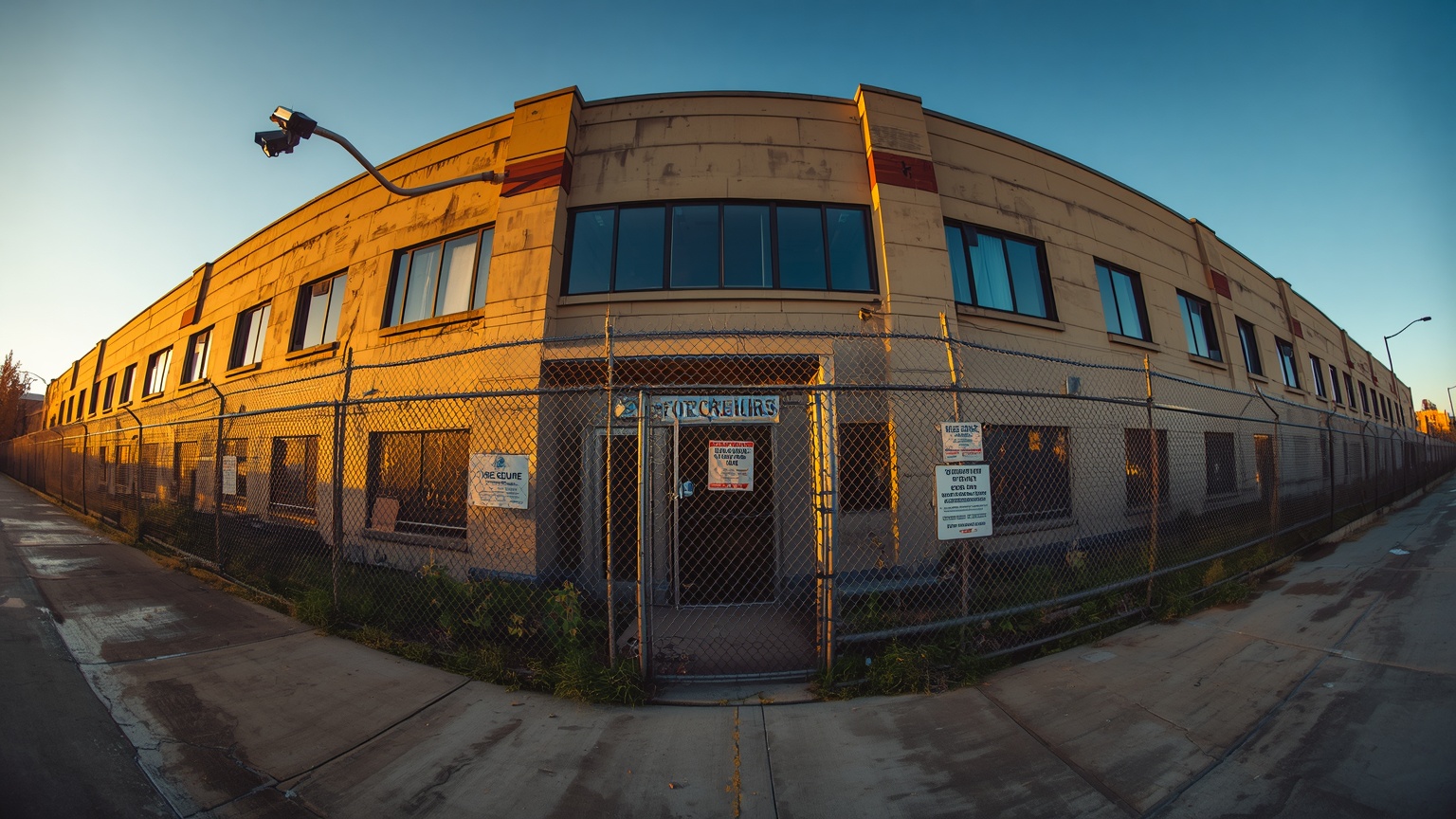 Cinematic wide-angle view of a distressed commercial property