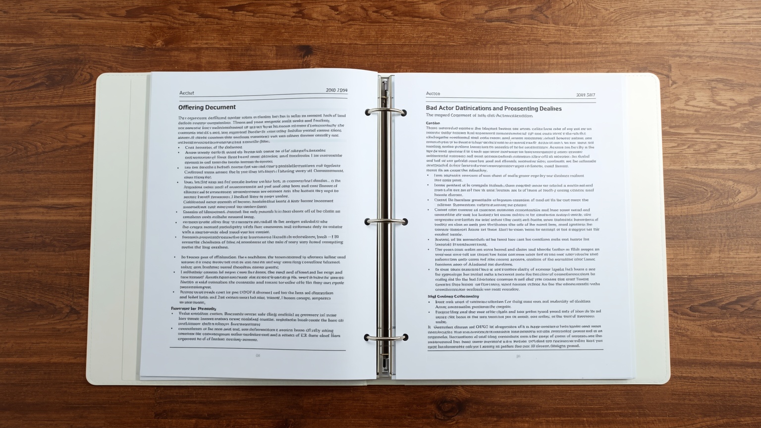 A Regulation D debt fund compliance binder open to the offering document bad actor