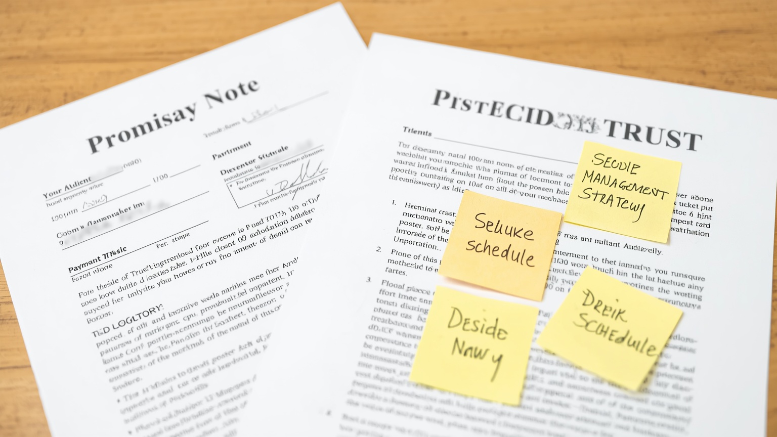 A promissory note and deed of trust spread on a closing table the seller's signature visible