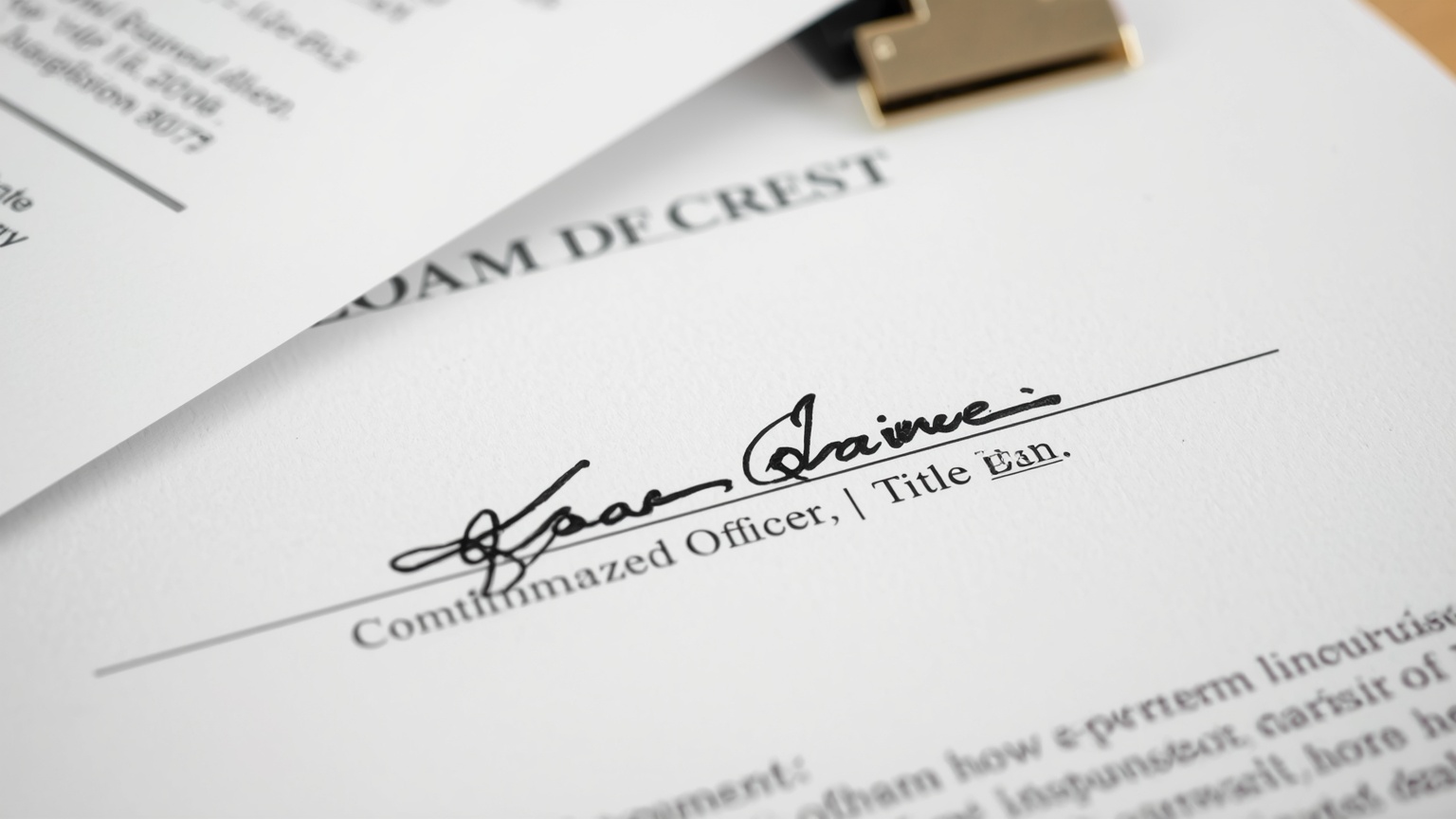 A signature block on a loan document the authorized officer's name, title