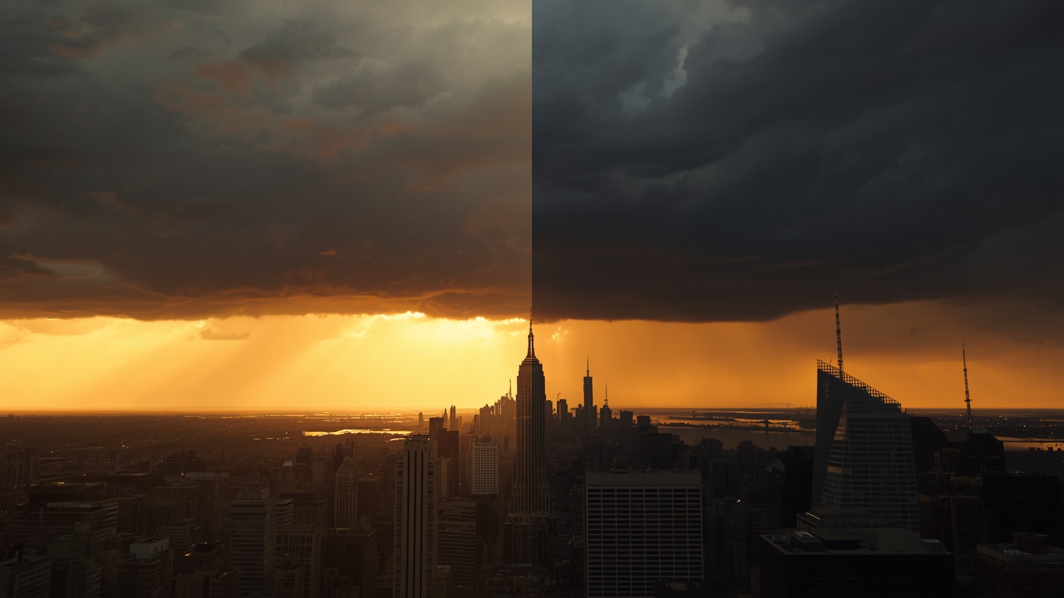 Cinematic wide shot of a storm front rolling over a flat American cityscape at golden hour