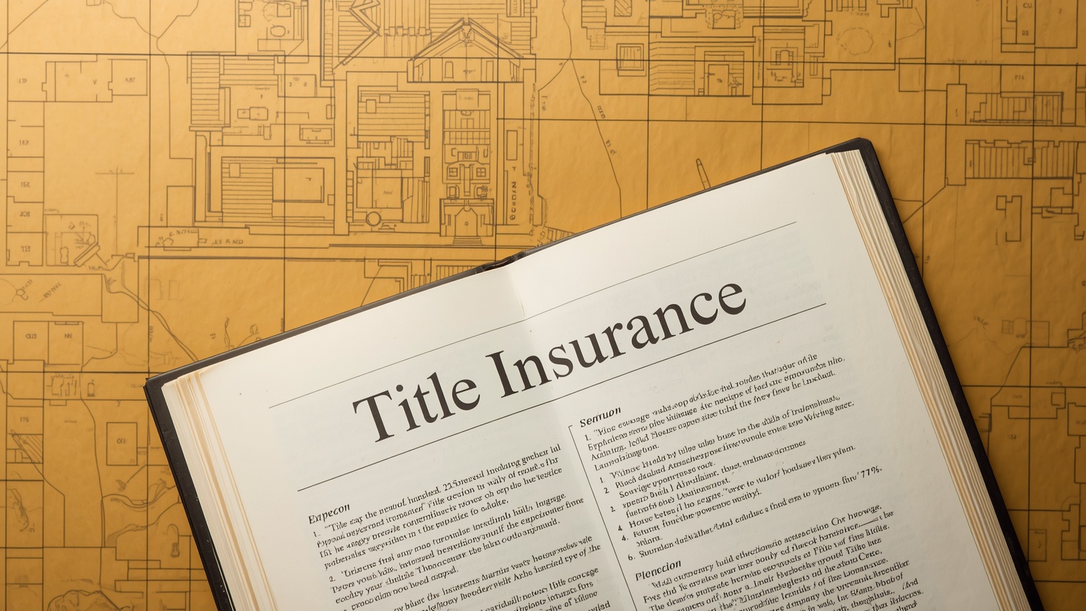 A title insurance binder lying open beneath a property survey map