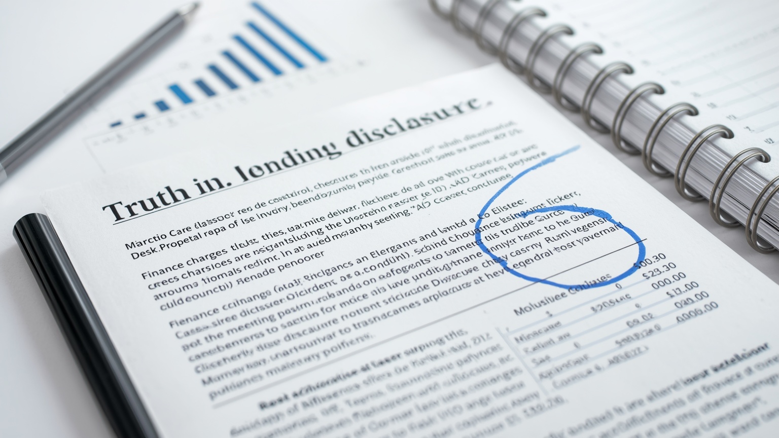 A Truth in Lending disclosure spread flat on a compliance desk APR, finance charges