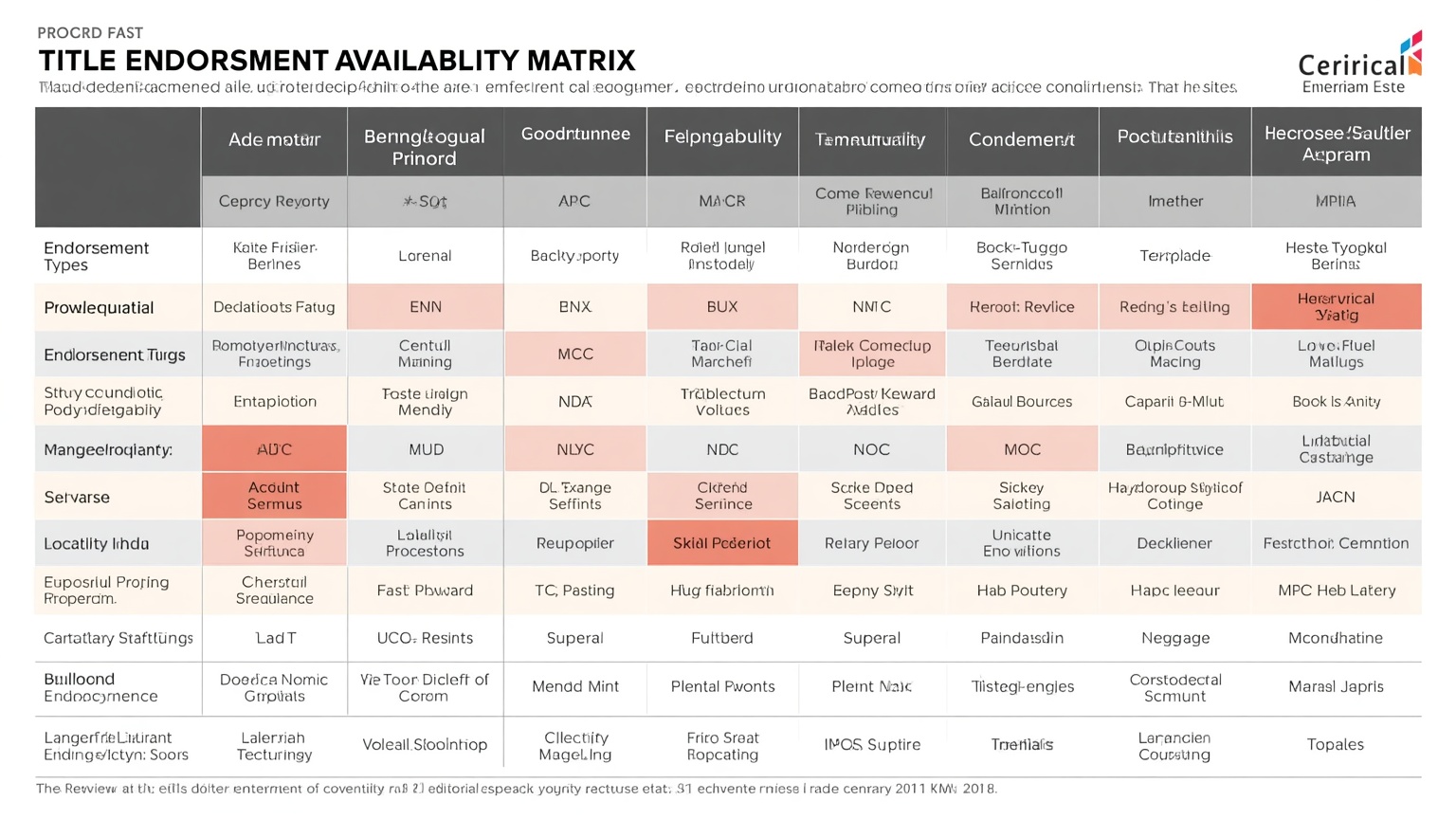 A title endorsement availability matrix endorsement types across the top