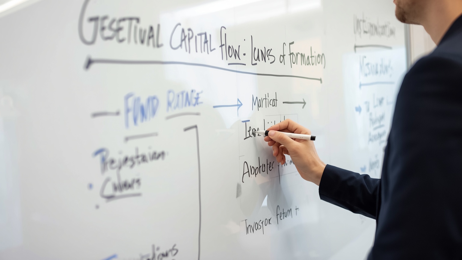 A fund formation whiteboard photographed in a partner's office gestational capital flow arrows