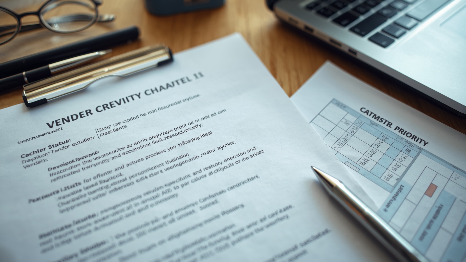 A vendor contract and a Chapter 11 reorganization plan spread on a creditor's desk critical