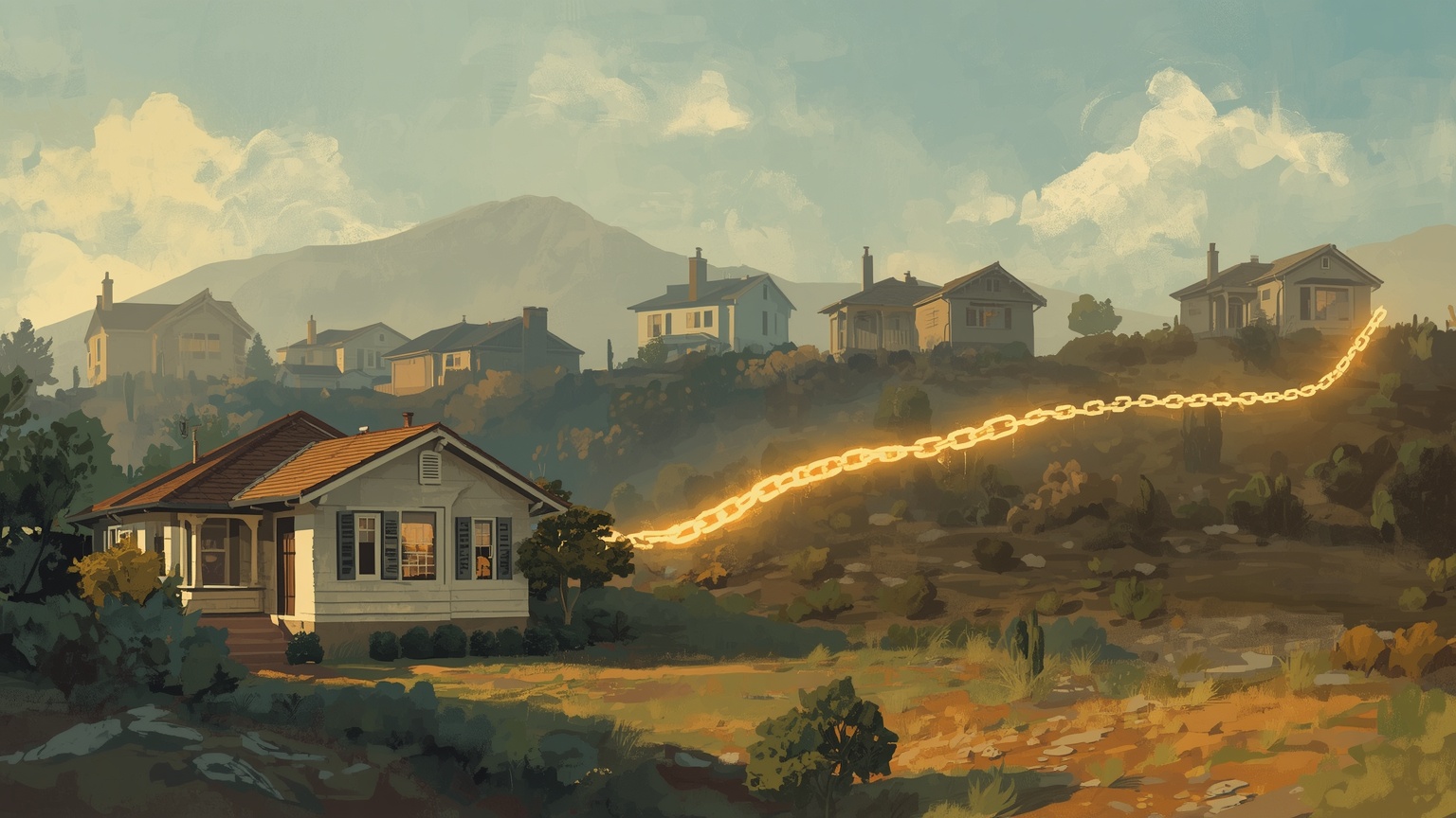 Painterly editorial illustration of a chain of ownership stretching back through time