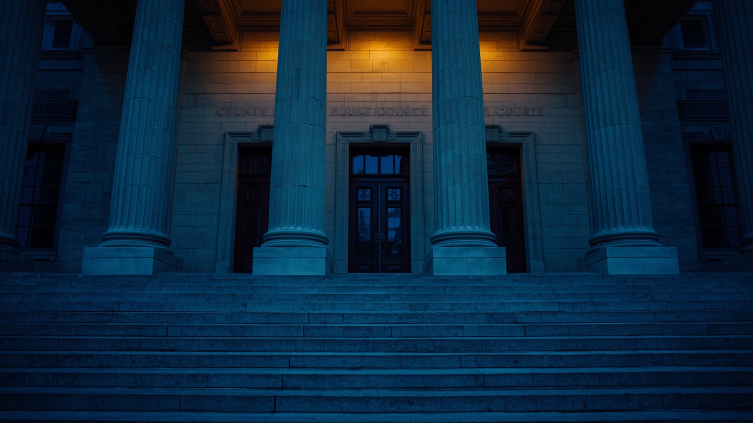Editorial photograph of a county courthouse steps at dawn, empty and monumental